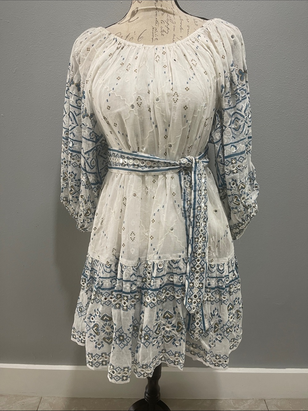 Juliet Dunn London Bohemian White and Blue Embroidered Peasant Dress
